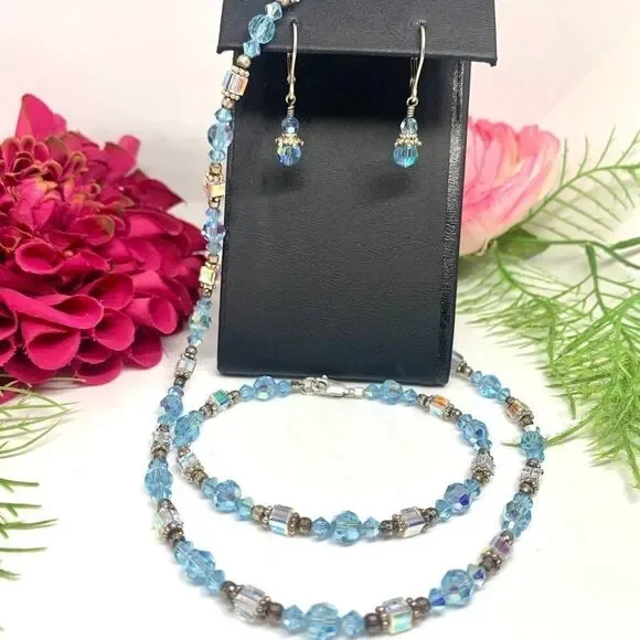 VINTAGE⚜️STERLING SILVER Austrian Crystal Necklace, Bracelet & Earrings Set - Picture 3 of 13